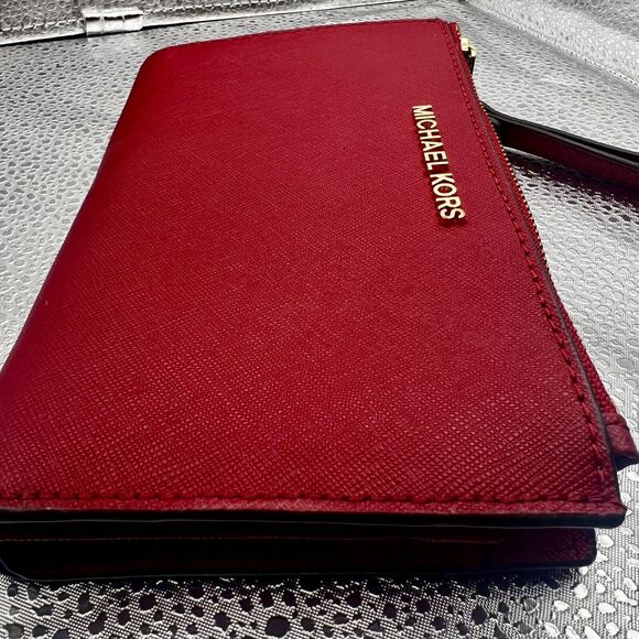 Michael Kors Jet Set Travel Double-Zip Wristlet/Wallet Discontinued Scarlet Red - Picture 5 of 16